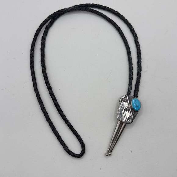 Vintage Navajo Bolo Tie Necklace Black Braided Silver Turquoise